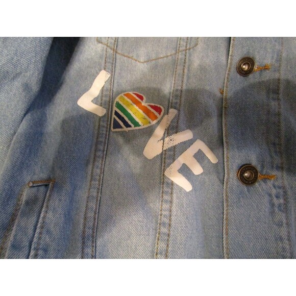 Brooklyn Cloth Pride Doodle Jean Jacket Blue Denim Peace Love United Size M - Picture 9 of 13
